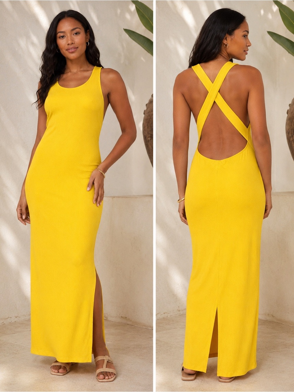 H&M Yellow Ribbed Open Back Crisscross Maxi Dress Size XXL